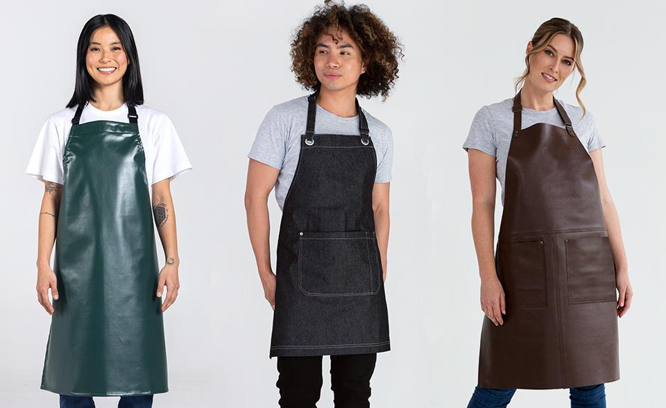 Zoe waterproof, Mia denim, Axil leather aprons