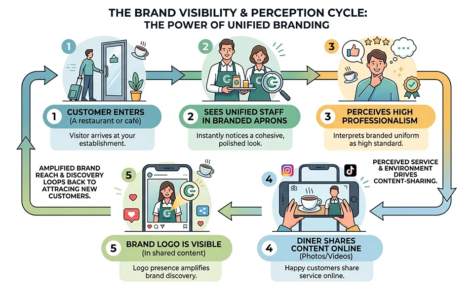 The brand visibility and perception cycle showing five steps from a customer entering a cafe to brand logo visibility in shared content