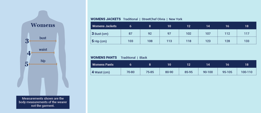 Women's chef jacket and pants size chart